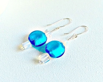 Boho Chic Earrings, Aqua Blue Dangle Glass Earrings, Gifts for Women, Blue White Beach Jewelry