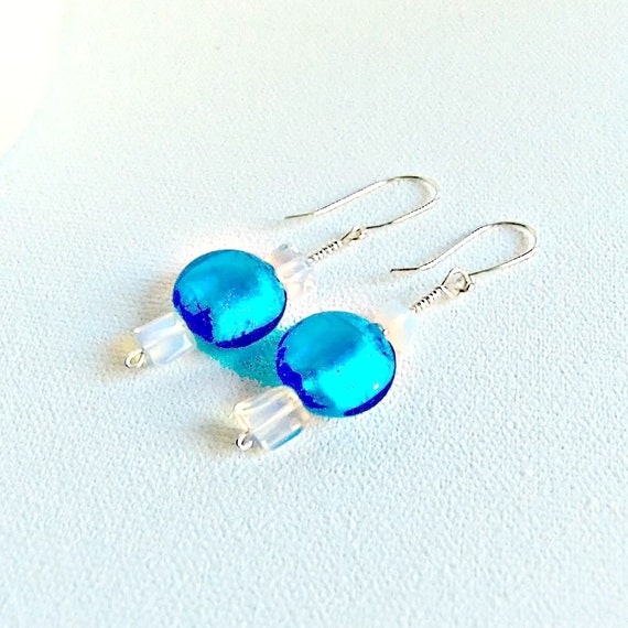 Boho Chic Earrings, Aqua Blue Dangle Glass Earrings, Gifts for Women, Blue White Beach Jewelry