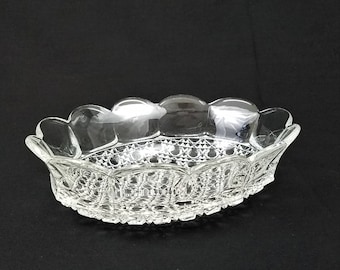 Vintage Pressed Glass Bowl, Scalloped Rim, Diamond Button EAPG