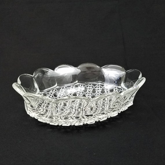 Vintage Pressed Glass Bowl with Scalloped Rim, Diamond and Button Pattern EAPG, Collectible Glass Bowl