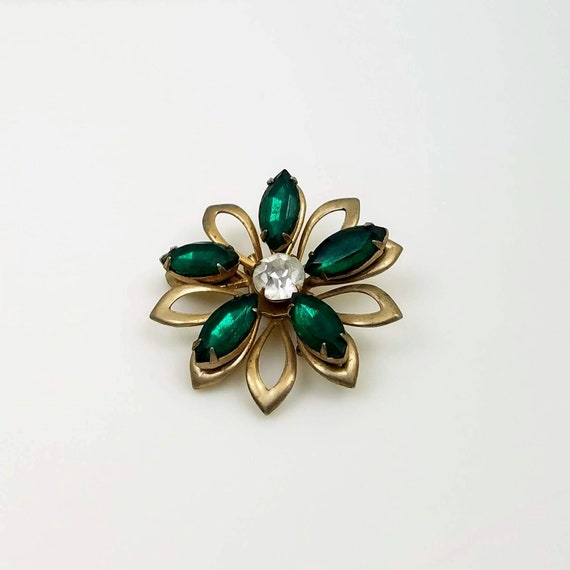Vintage Gold Tone Flower Brooch, Emerald Green Marquise Rhinestones Clear Round Rhinestone Brooch, Romantic Jewelry Gift, Holiday Gift Guide