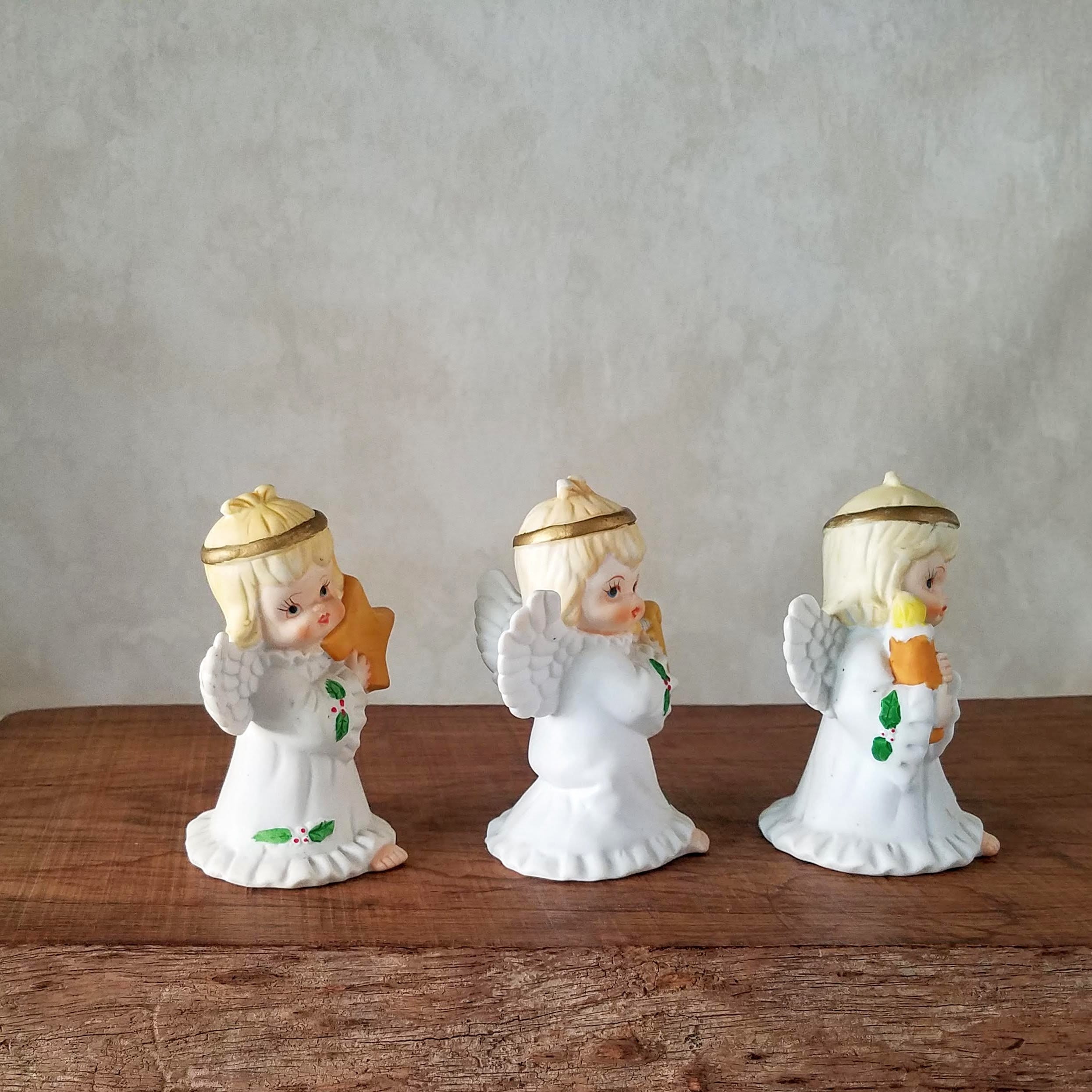 Porcelain Angel Figurines, Set of 3 Blond Angels, Vintage Bisque