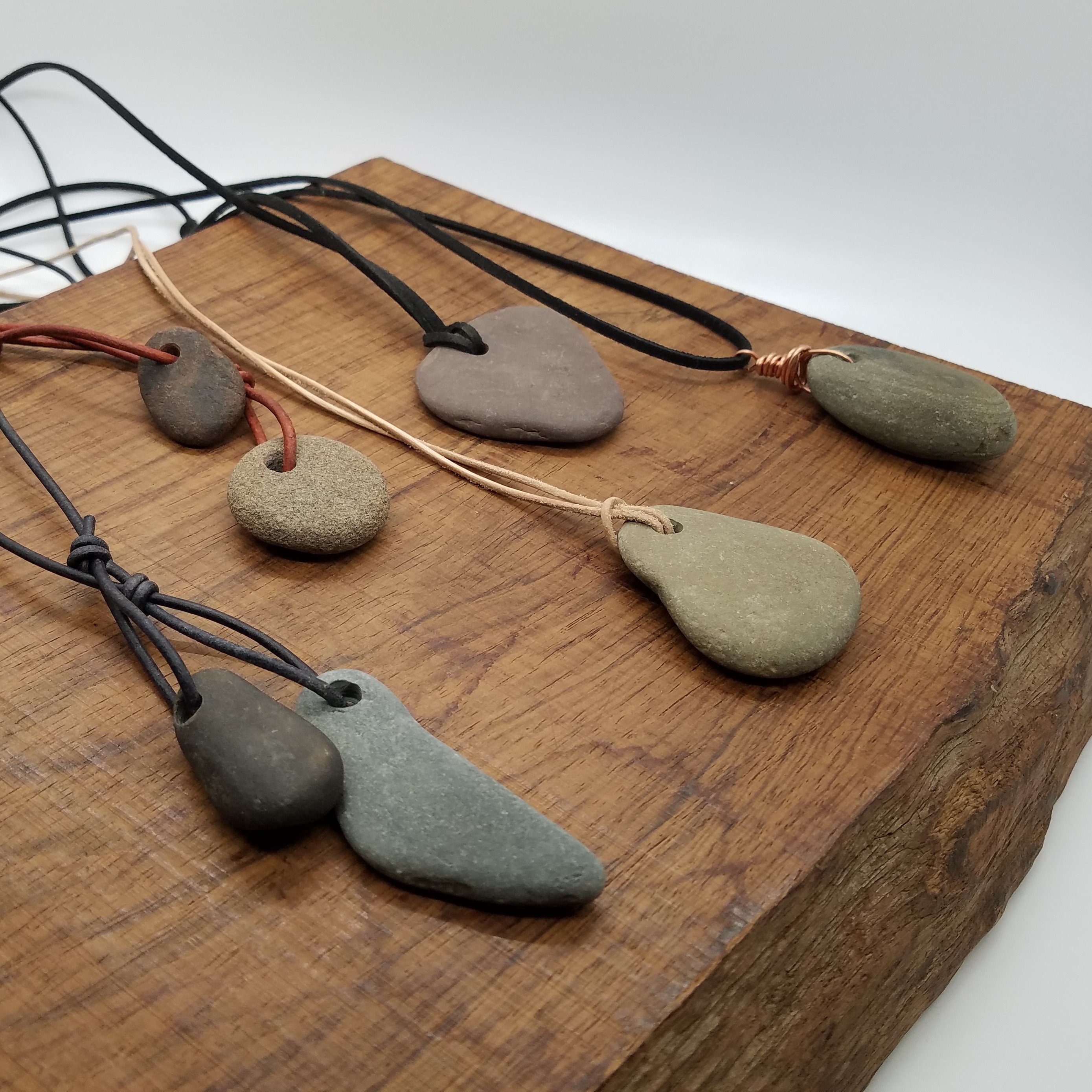 River Rock Necklace, Stone Pendant on Adjustable Leather Necklace