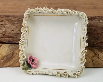 Vintage Chantilly China Trinket Dish, Porcelain Rose, Hardened Lace