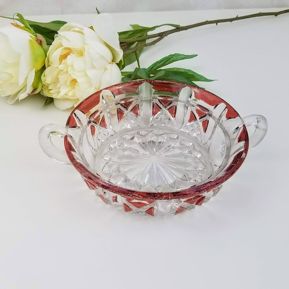 Vintage Ruby Red and Clear Pressed Glass Two Handled Dish, EAPG Cranberry Stained Glass Butter Dish Base, Victorian Glass Candy Bowl