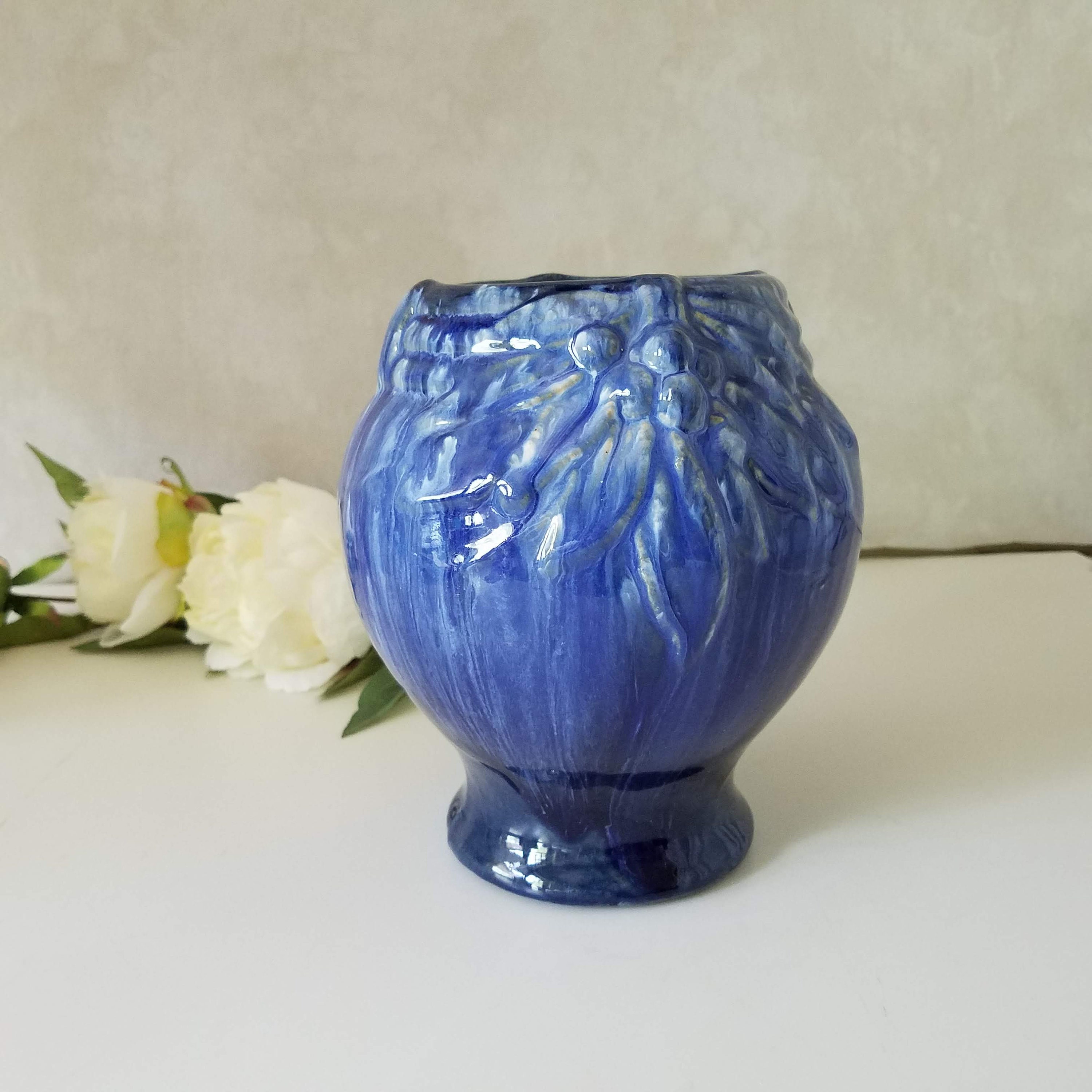 Nelson McCoy Blue Drip Glaze Vase, Leaves and Berries Art Vase, Indigo