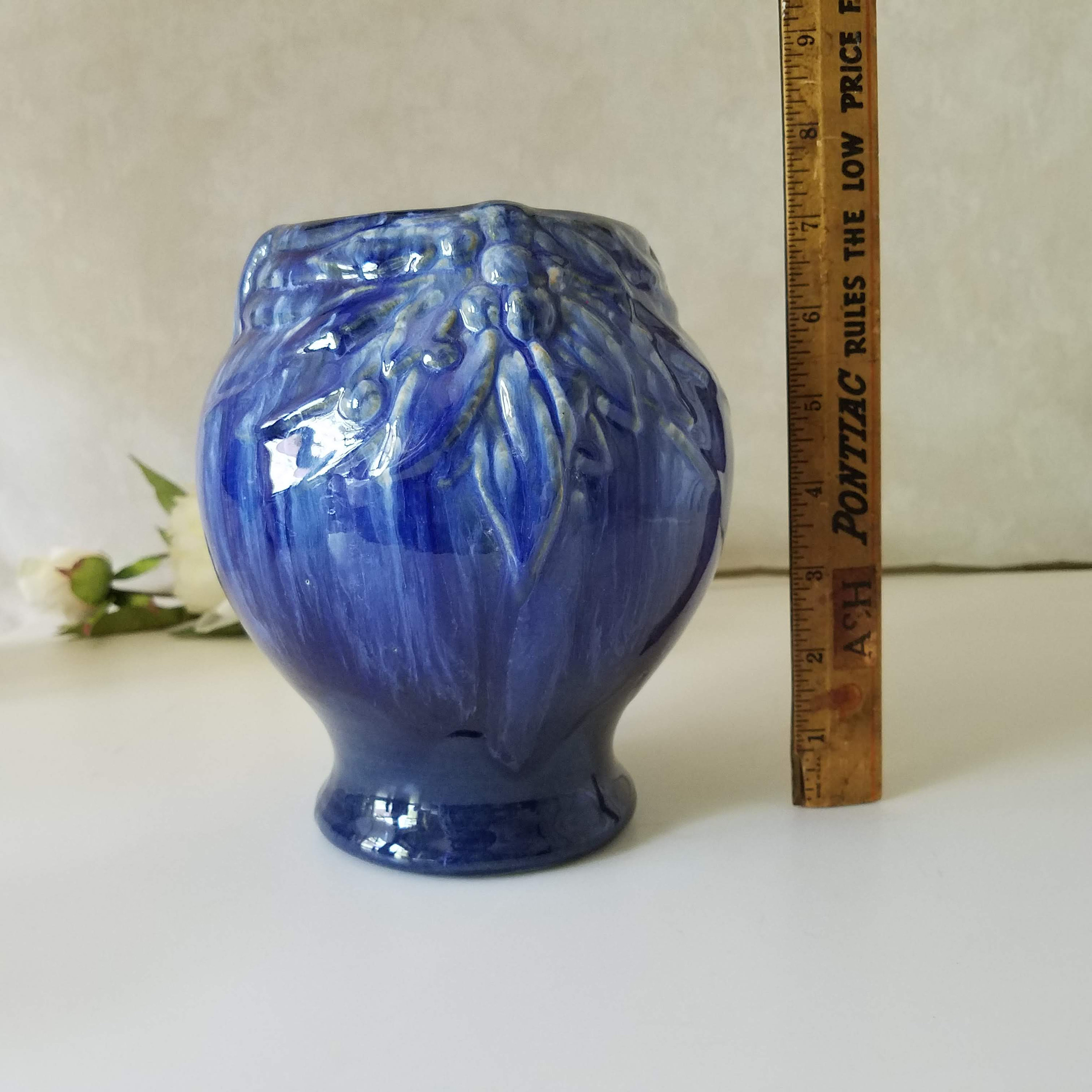 Nelson McCoy Blue Drip Glaze Vase, Leaves and Berries Art Vase, Indigo