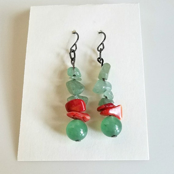 Red Earrings, Boho Chic Jewelry, Green Earrings, Gemstone Earrings, Agate Aventurine Coral, Jewelry Gifts for Her, Unique Handmade Earrings