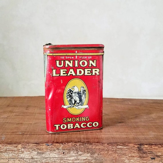 Vintage Union Leader Tobacco Tin, Red Metal Container, Rustic Decor