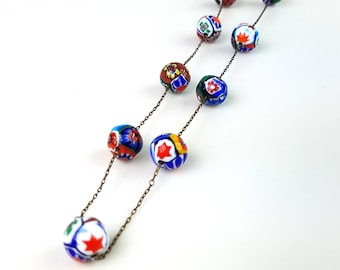 Vintage Murano Millefiori Beaded Necklace, Brass Chain, Boho Style