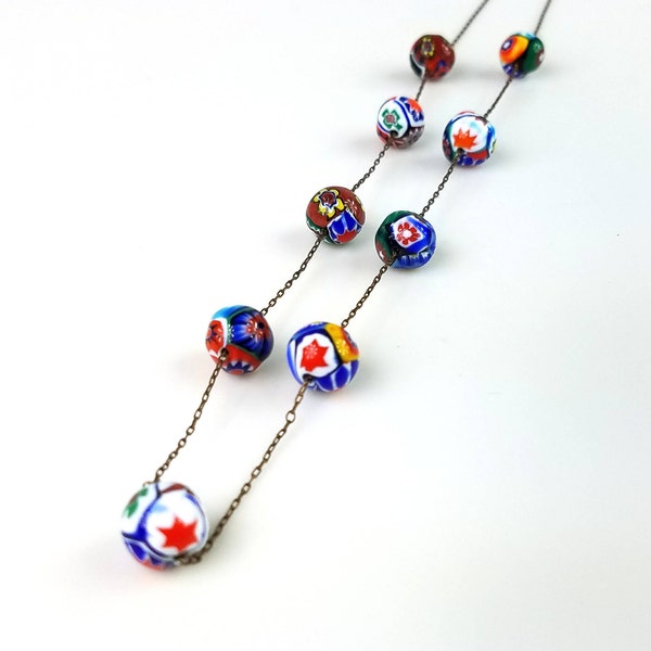 Vintage Millefiori Necklace, Venetian Murano Millefiori Beaded Brass Necklace, Boho Beaded Necklace, Multicolored Millefiori Necklace