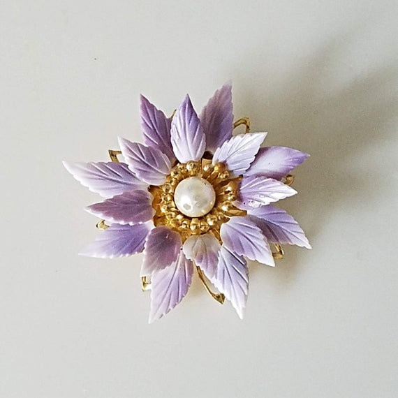 Vintage Flower Brooch, Purple Flower with Faux Pearl Center Goldtone Brooch