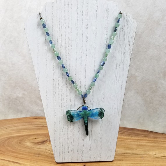 Kyanite and Dragonfly Necklace Blue and Green Handmade Glass Dragonfly Pendant, Kyanite and Aventurine Gemstone Beaded Necklace