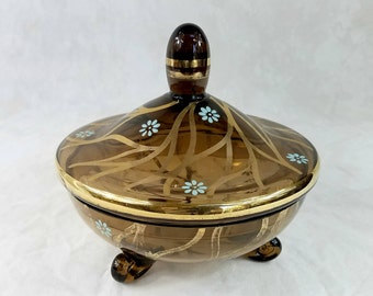 Cuenco vintage de vidrio artístico color ámbar ahumado con detalles dorados