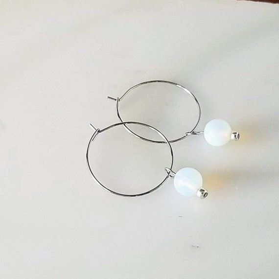 Stainless Steel Hoop Earrings with Opalite Pearl Removable Charm, Minimalist Boho Earrings