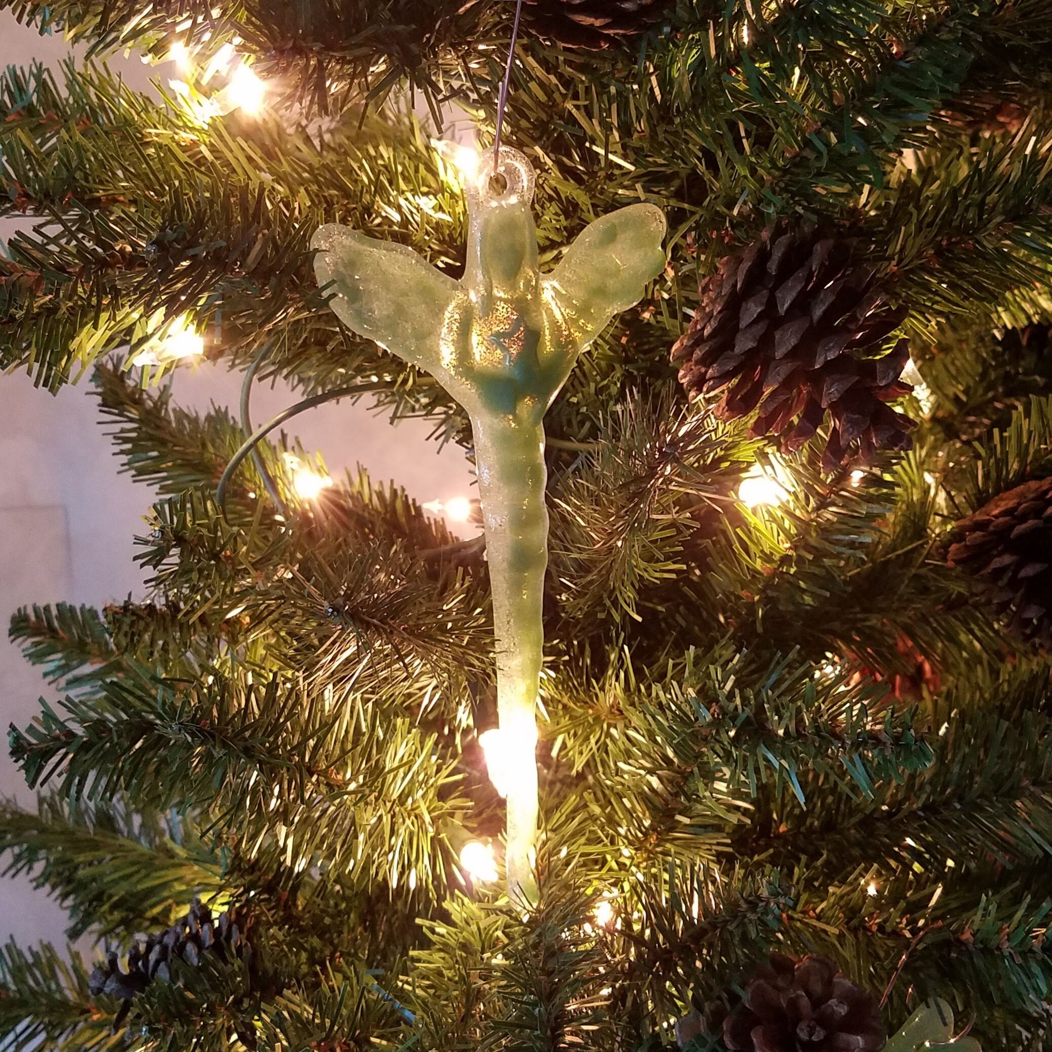 Angel Keepsake Ornament, Art Glass Angel Icicle, Soft Green with Clear