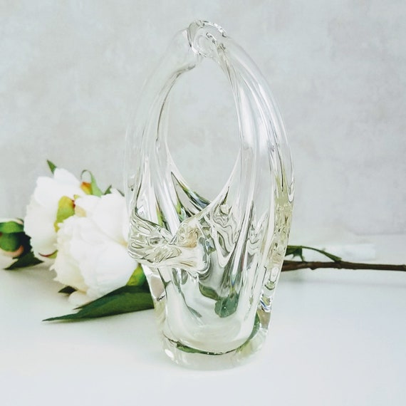 Vintage Murano Glass Basket, Clear Glass Collectible, Vintage Handmade Glass, Mid Century Modern Glass Basket, Wedding Gift