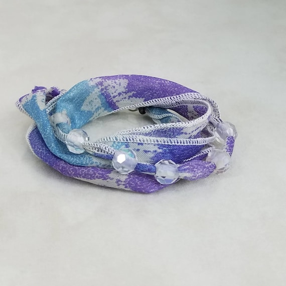 Silk Wrap Bracelet, Light Blue Violet Teal Sari Silk Wrap Bracelet with Crystals, Adjustable Multi Wrap Boho Bracelet, Silk Necklace