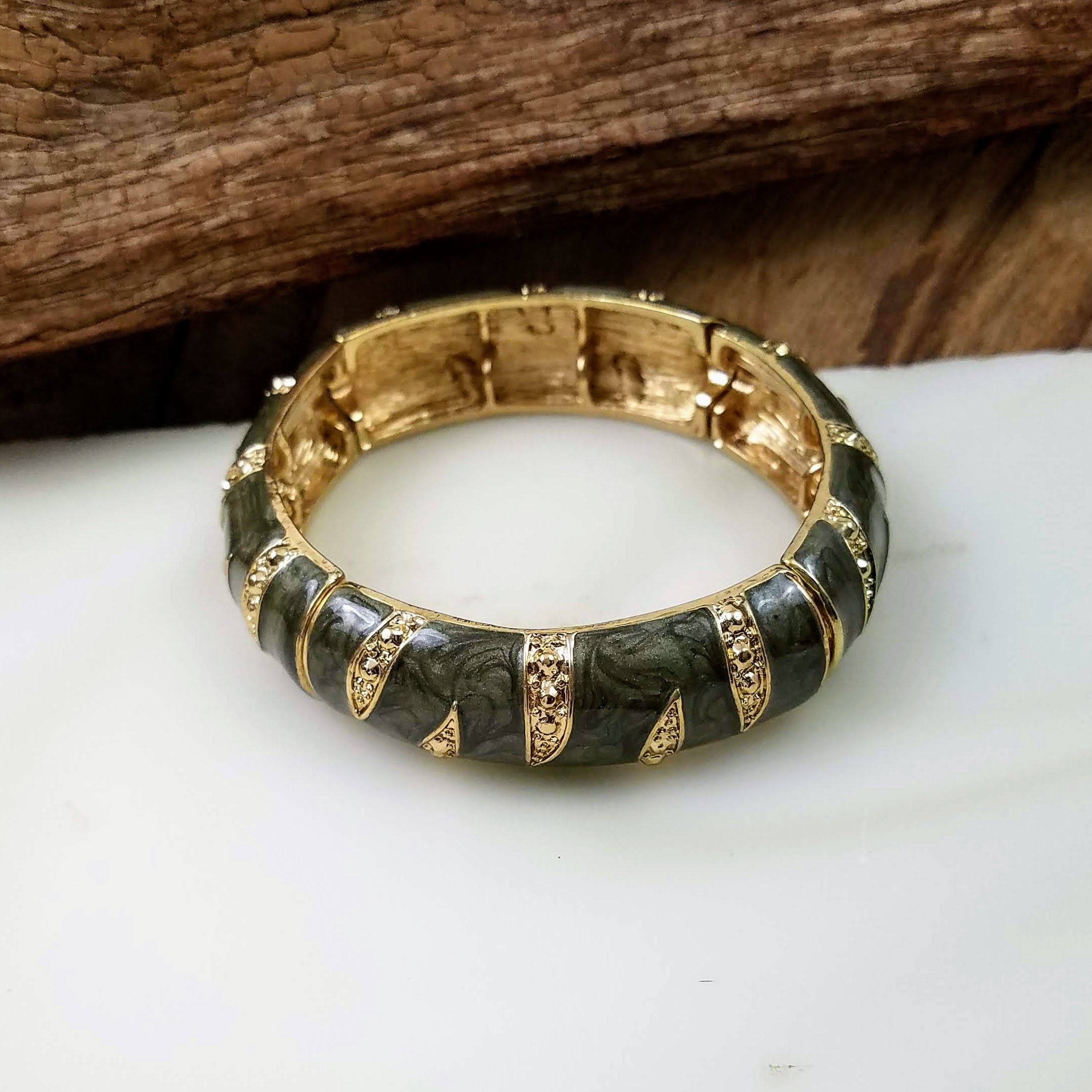 Vintage Green Enamel Bracelet, Green and Gold Stretch Bangle Bracelet