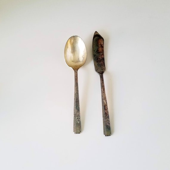 Vintage Silverplate Master Butter Knife and Sugar Spoon, Art Deco Oneida Prestige Grenoble Silverplate Butter Knife and Spoon