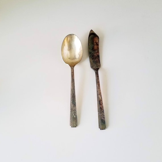 Vintage Silverplate Master Butter Knife and Sugar Spoon, Art Deco Oneida Prestige Grenoble Silverplate Butter Knife and Spoon