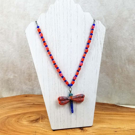 Dragonfly Necklace Cobalt Blue and Orange Handmade Glass Dragonfly Pendant Beaded Necklace Art Nouveau Necklace