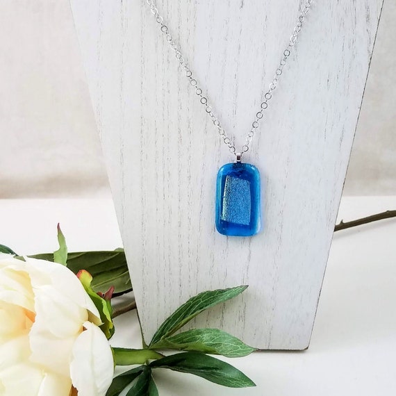 Blue Glass Necklace, Turquoise Blue and Dichroic Glass Fused Glass Necklace on Stainless Steel Necklace Chain