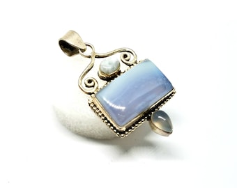 Blue Lace Agate Pendant, Opal Moonstone, 925 Sterling Silver, Handmade