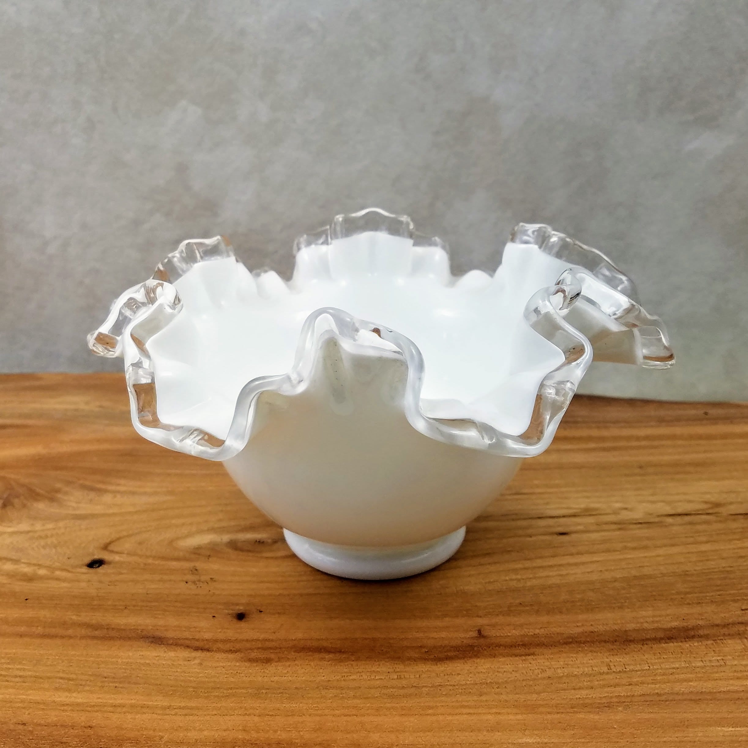 Vintage Milk Glass Ruffled Bowl with Clear Edge, White Farmhouse Decor