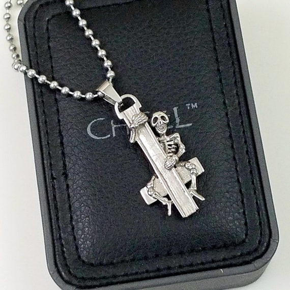 Skeleton Hugging Cross Pendant, Chisel Stainless Steel Necklace, High Polished Steel Pendant and Necklace, Original Box