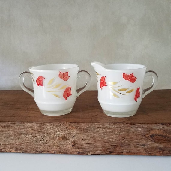 Vintage Hand Painted Glass Sugar and Creamer,  Bartlett Collins Cream and Open Sugar Set