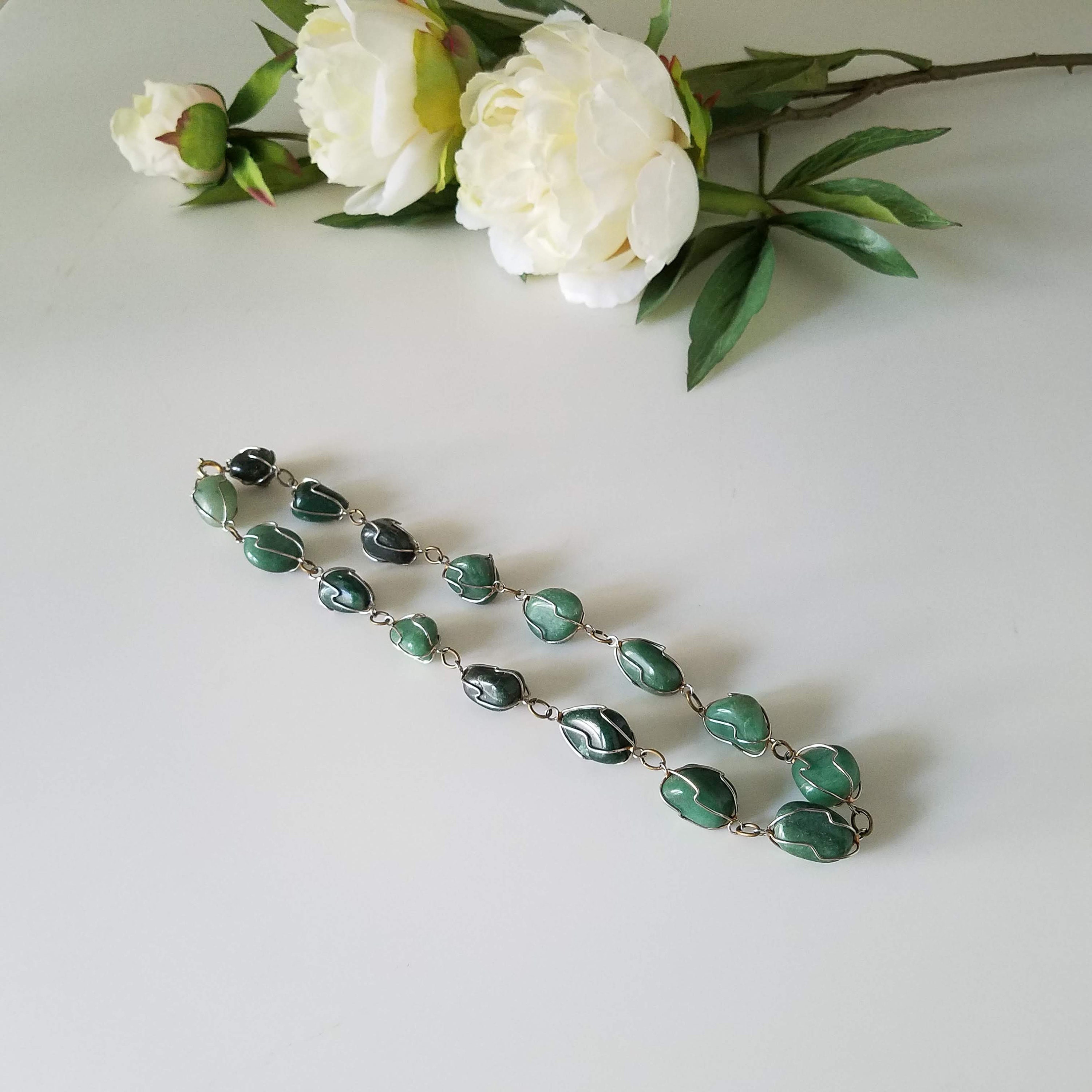 Vintage Handmade Aventurine Pebble Necklace, Green Stone Necklace