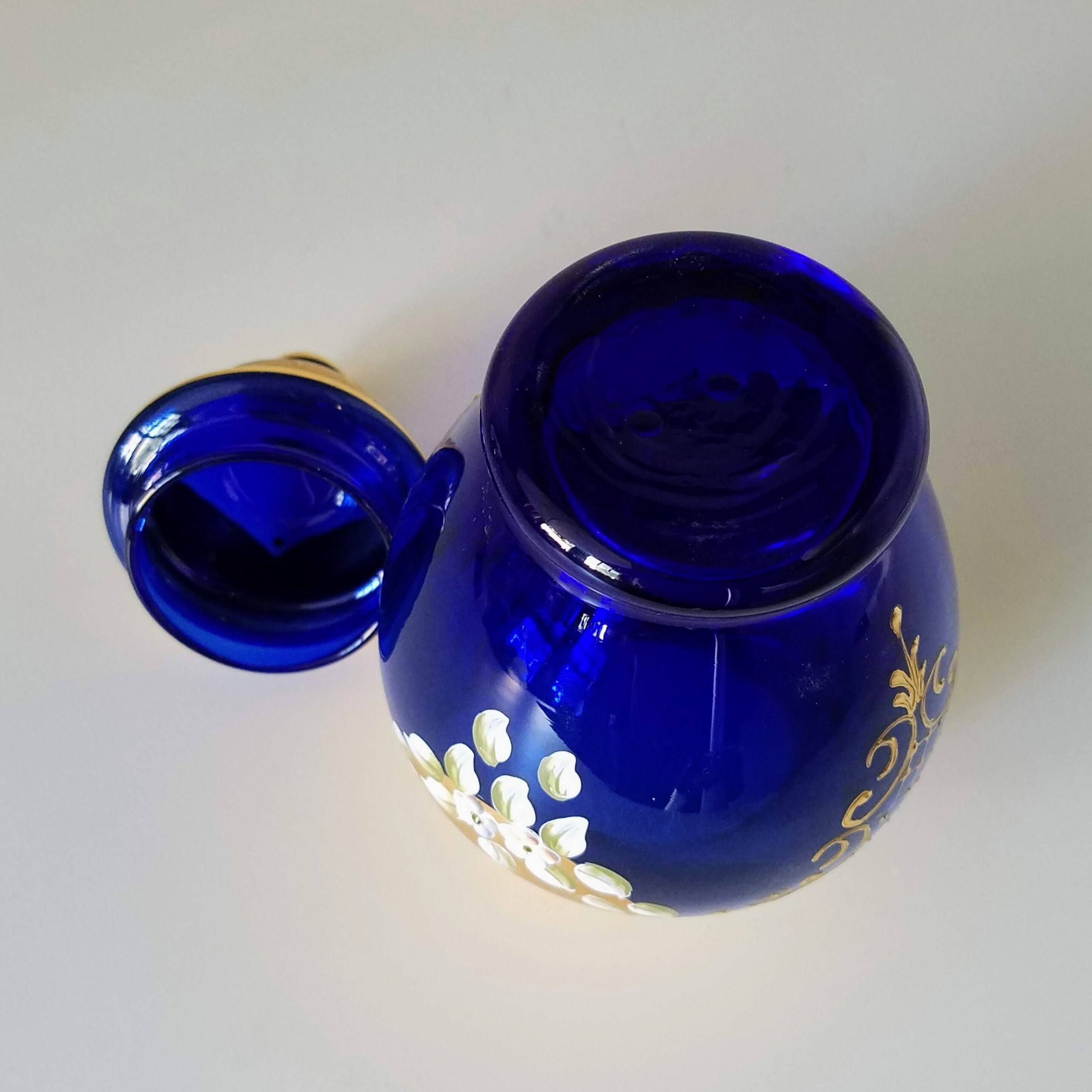 Bohemian Blue Glass Ginger Jar, Cobalt Blue Czech Glass Enameled Gold
