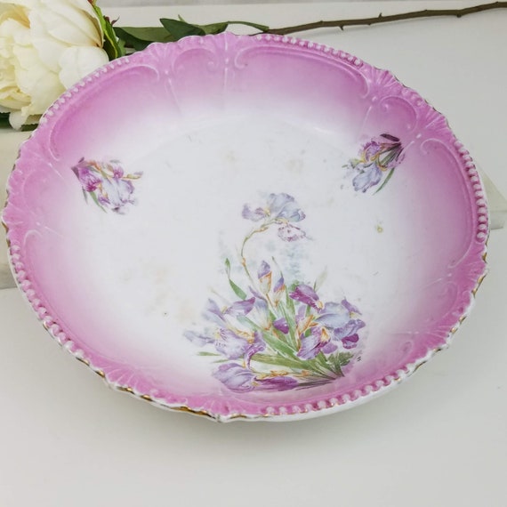 Vintage Pink Porcelain Bowl, Romantic Porcelain Bowl with Purple Irises, Flowered Collectible Porcelain Bowl, Vintage Farmhouse Decor