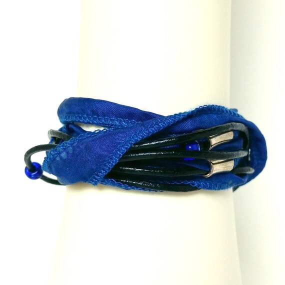 Boho Wrap Bracelet, Cobalt Blue Sari Silk Wrap Bracelet, Black Leather Wrap Bracelet, Boot Bracelet, Unique Gypsy Style Jewelry for Her
