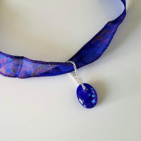 Royal Blue Necklace, Handmade Fused Glass with Dichroic Glass Pendant on Vintage Sari Silk Ribbon Necklace
