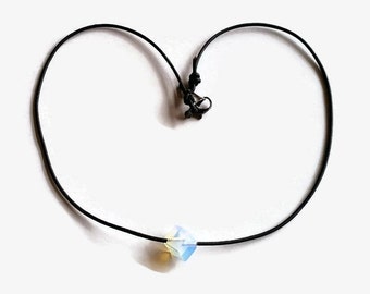 Opalite Cube Necklace, Adjustable Leather Cord, Minimalist Jewelry