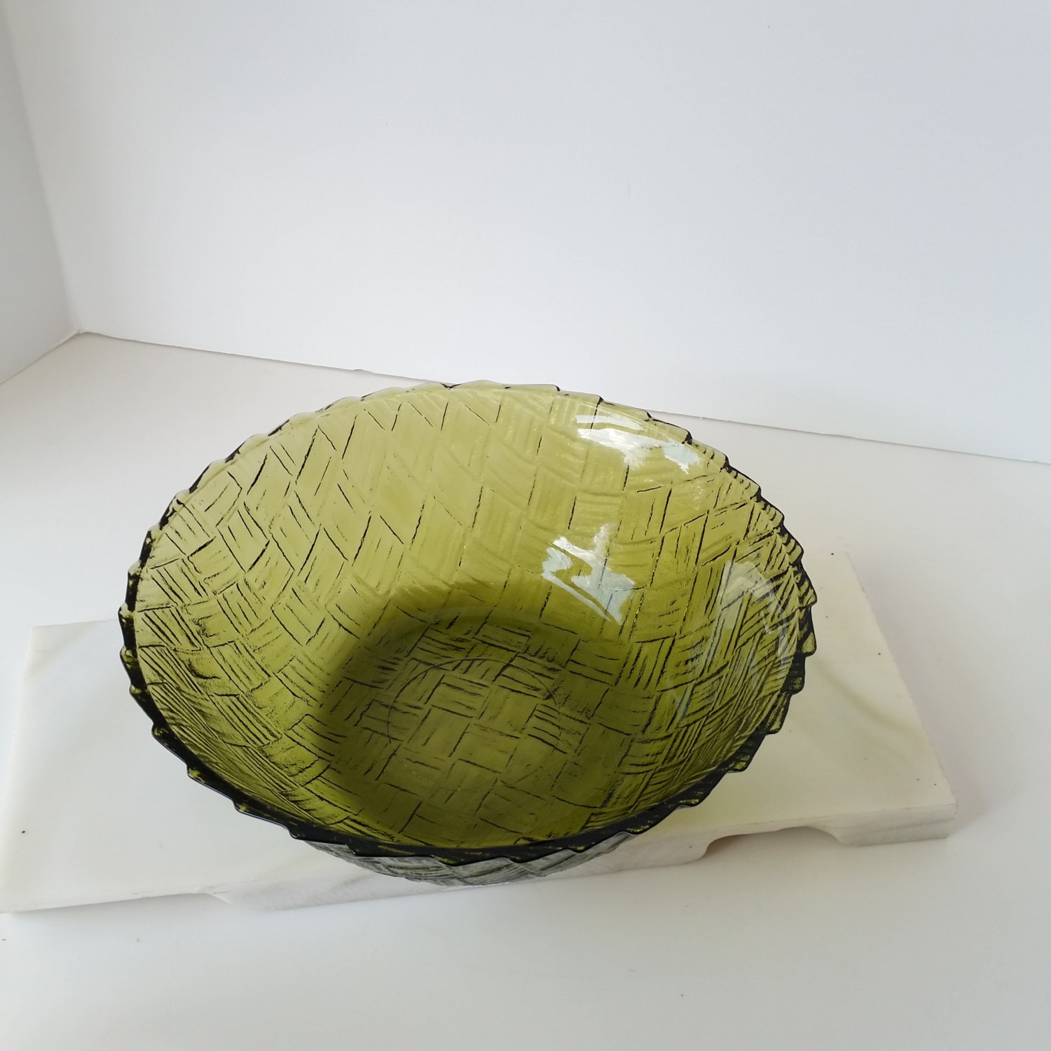 Vintage Glass Bowl Green Glass Basket Weave Bowl 1970 Retro Etsy