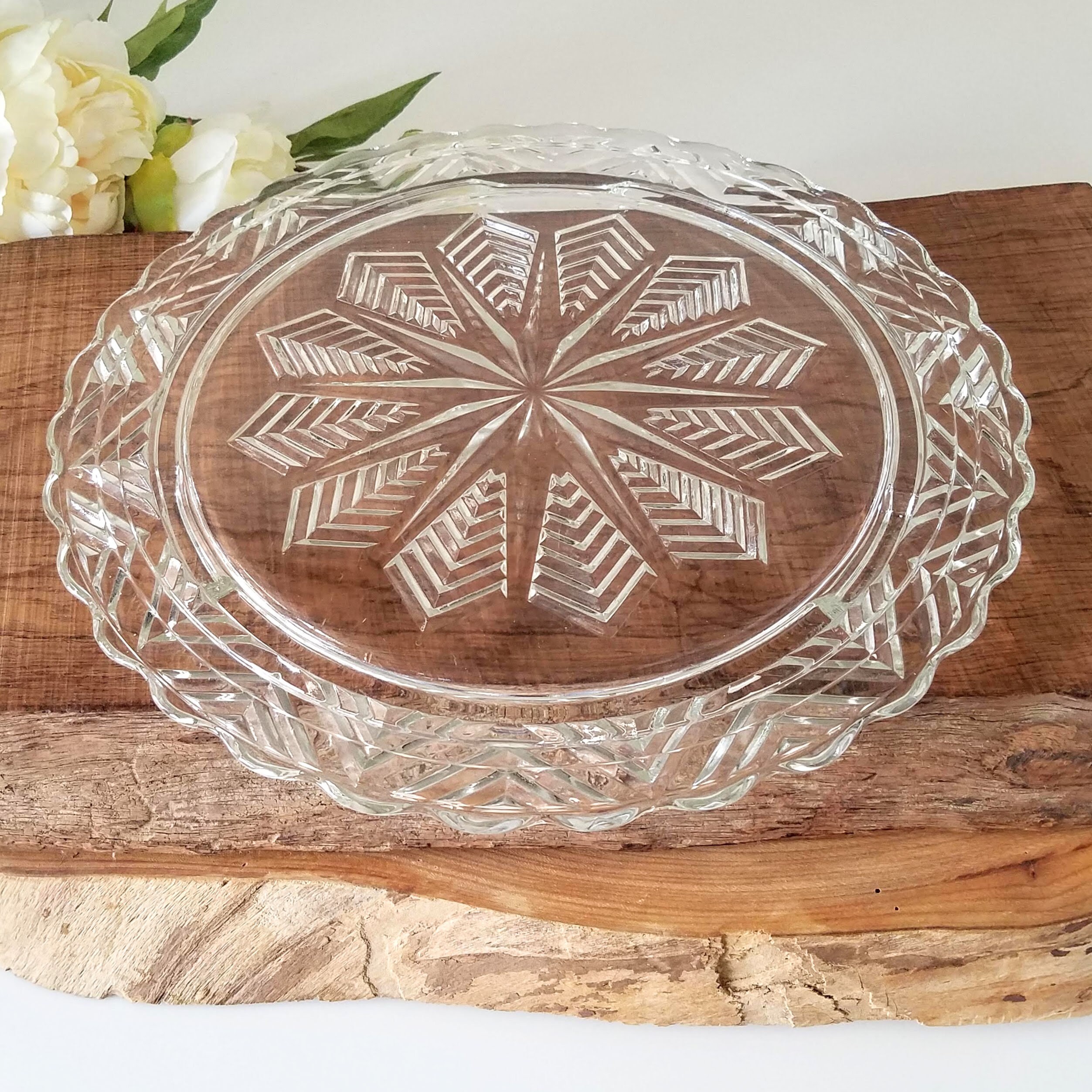 Glass Cake Plate, Vintage Federal Three Footed Pressed Glass Cake Plate