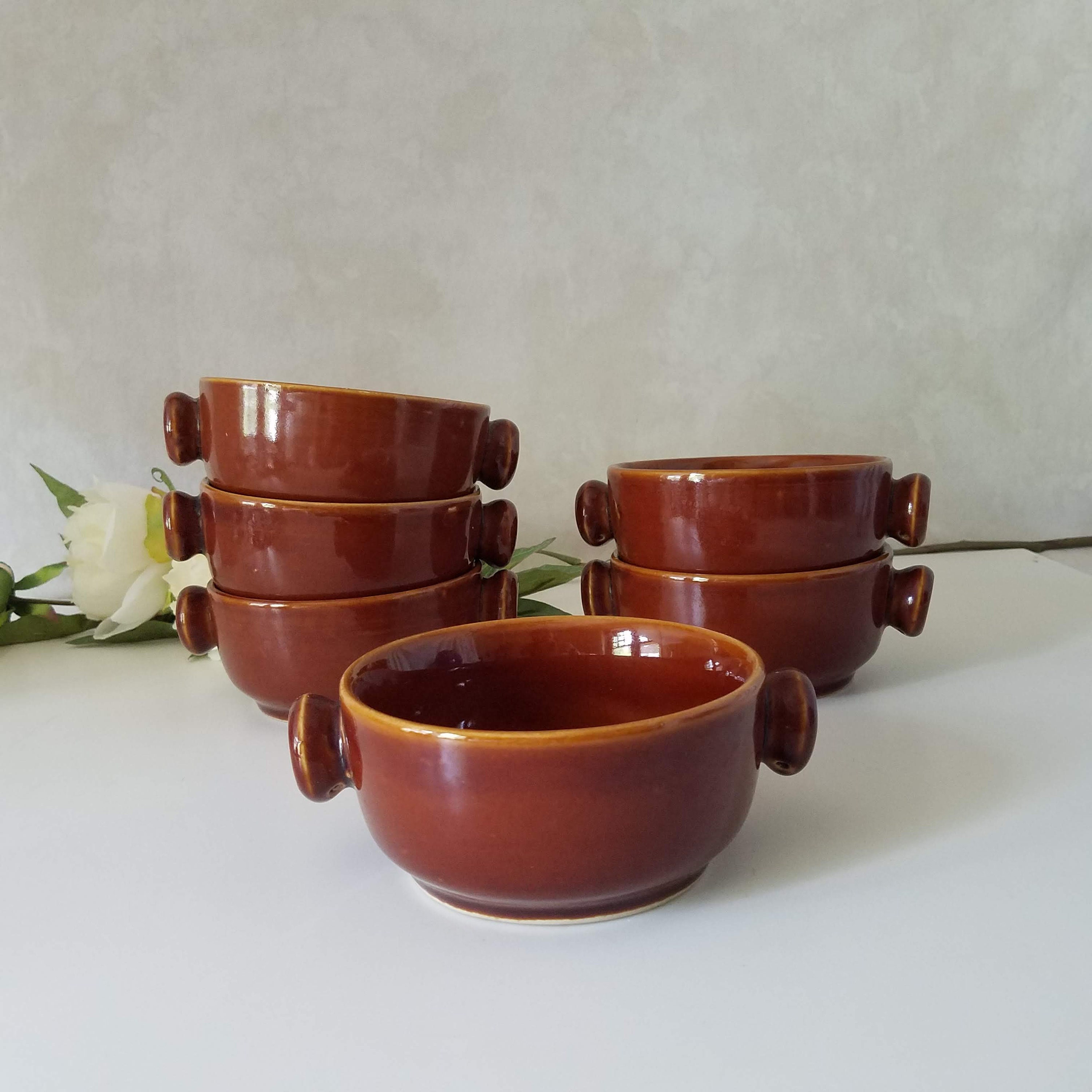 Vintage Stoneware Bowls, Brown Pottery Crocks with Two Handles, Set of