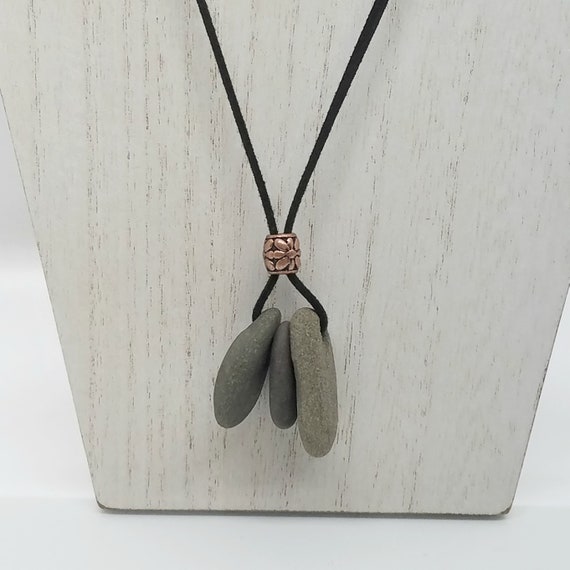 Rock Necklace, Stone Pendant, River Rock Jewelry, Three Stone Necklace on Vegan Suede, Long Adjustable Necklace