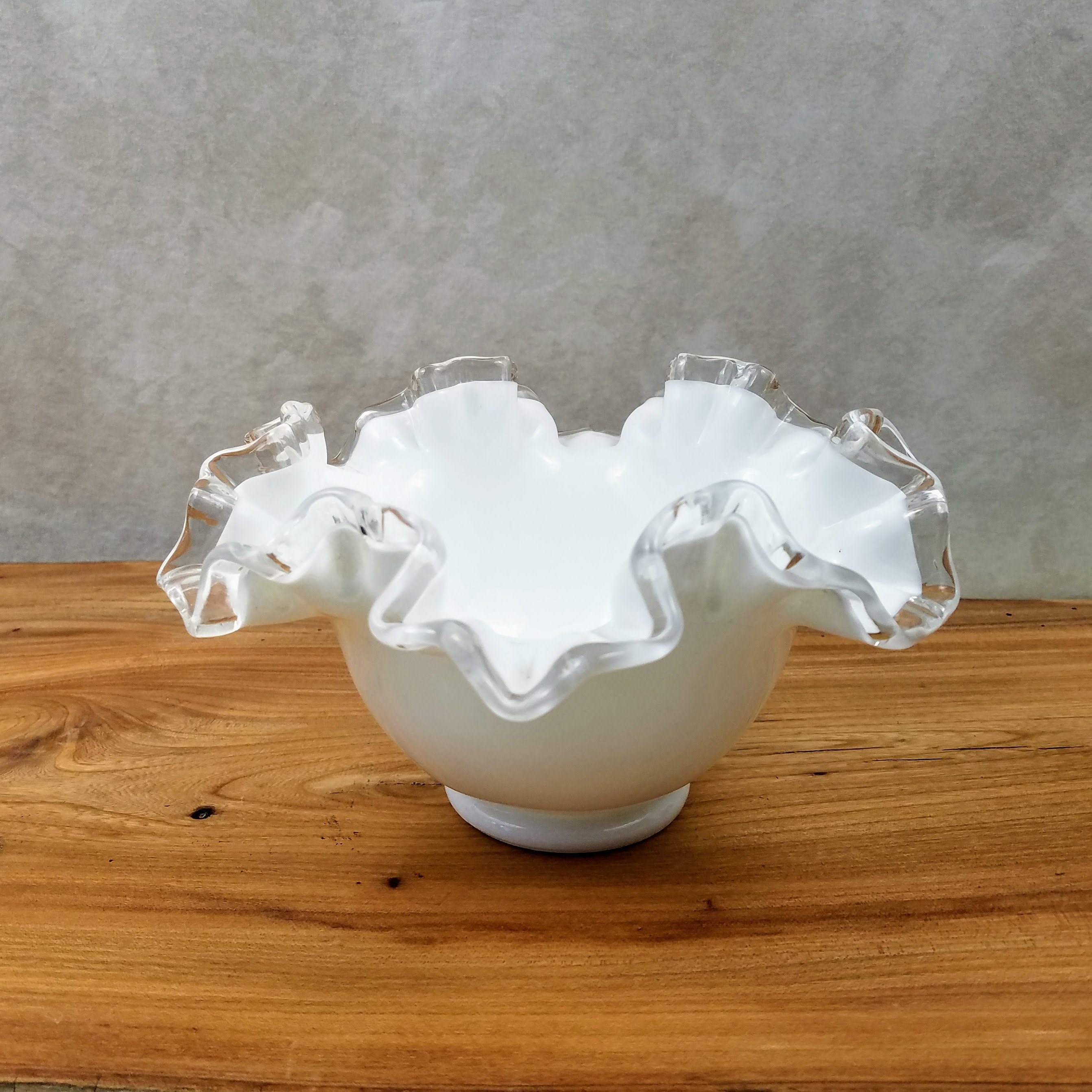 Vintage Milk Glass Ruffled Bowl with Clear Edge, White Farmhouse Decor
