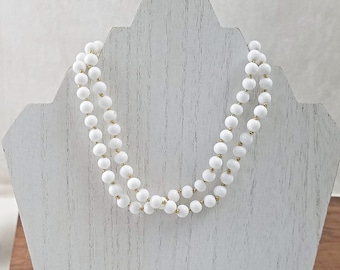 Vintage White Necklace, White Glass Beaded Two Strand Choker, Retro Jewelry for Her