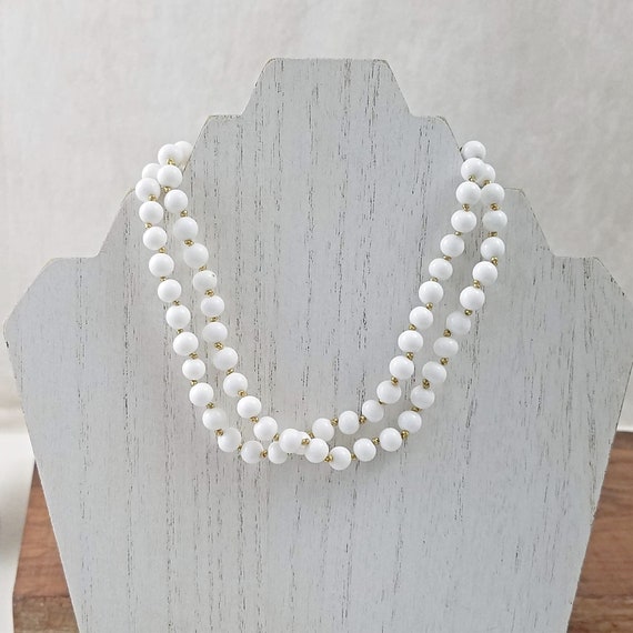 Vintage White Necklace, White Glass Beaded Two Strand Choker, Retro Jewelry for Her