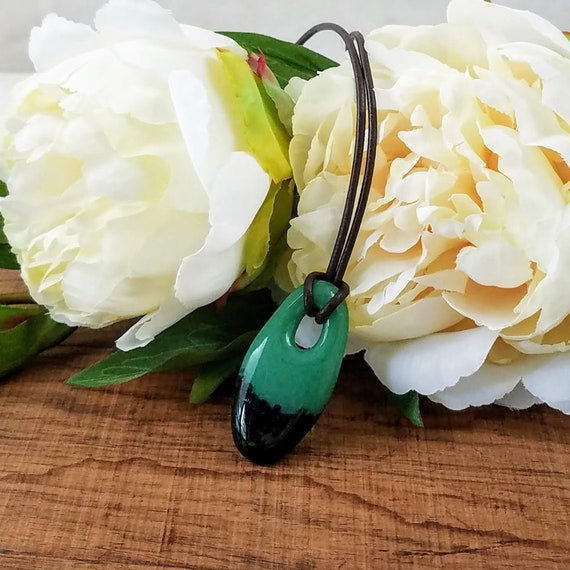 Green Necklace, Dark Aventurine Green and Light Green Fused Glass Pendant on a Brown Leather Adjustable Cord