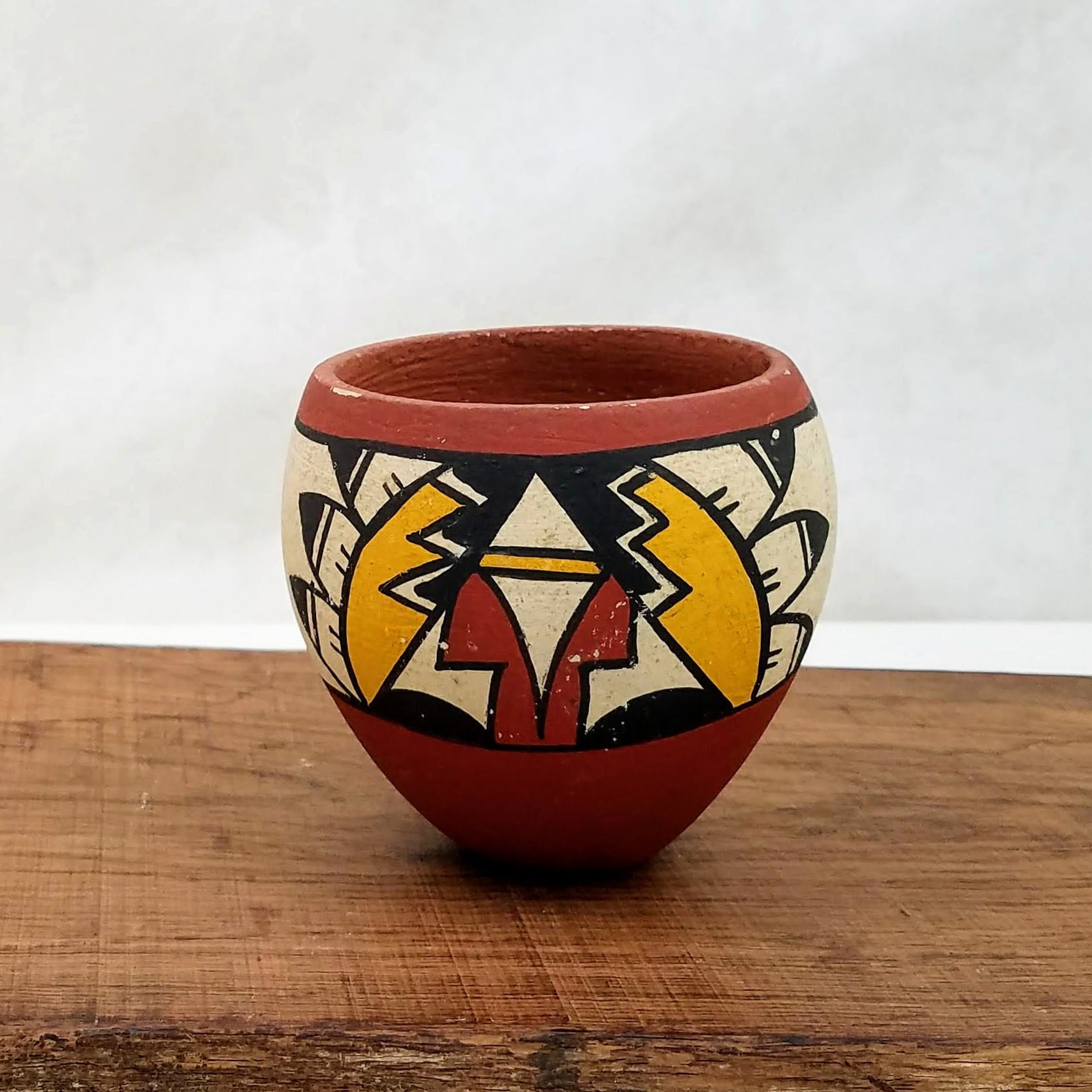 Vintage Native American Coil Pot, Hand Painted Red Clay Pot, Small Folk