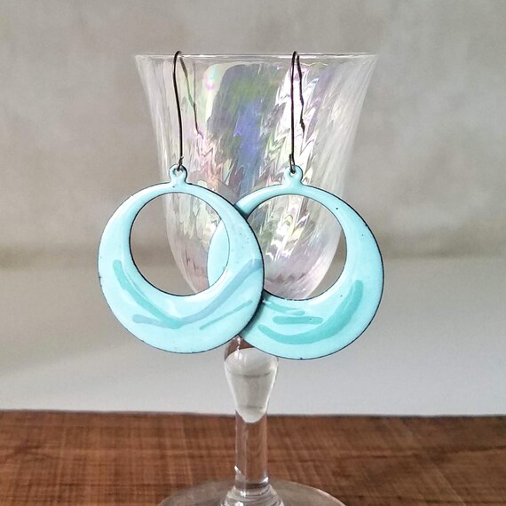 Statement Earrings, Enameled Copper Hoops, Robins Egg Blue Green Enameled Copper Earrings