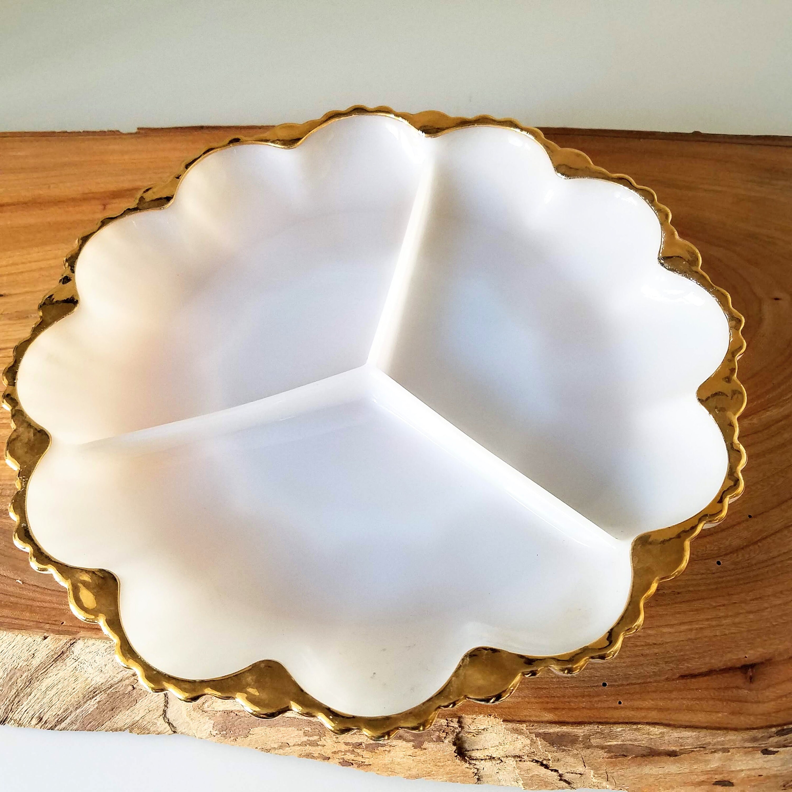 Gold Rimmed Milk Glass Plate, Vintage White Milk Glass Divided Plate