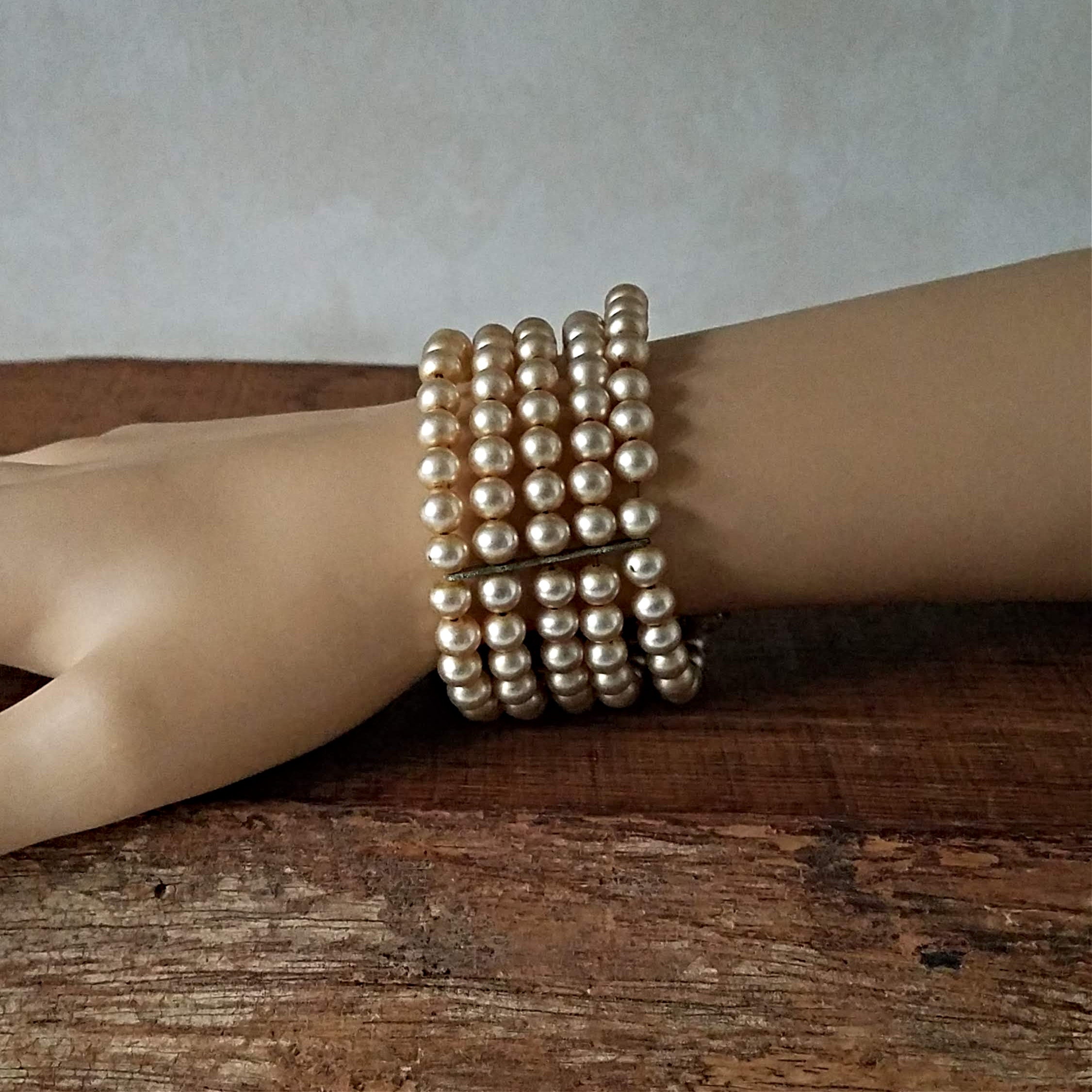 Vintage Faux Pearl Multistrand Bracelet, Vintage Expandable Champagne