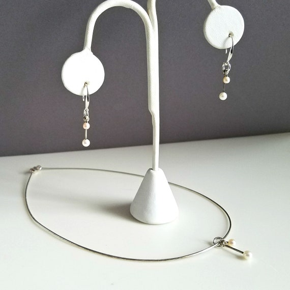 Silver and Pearl Earrings and Necklace, Minimalist Pearl Set,  Petite Pearls Dangle Silver Earrings, Wedding Earrings, Tiny Drop Earrings